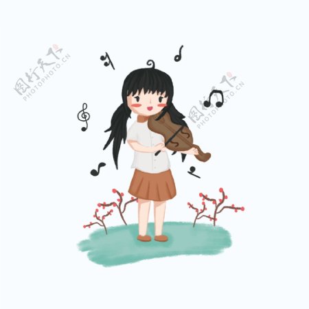 手绘可爱弹奏乐器人物乐器弹奏者拉提琴女孩