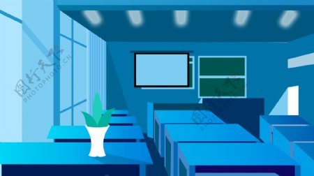 蓝色卡通开学季教室背景设计