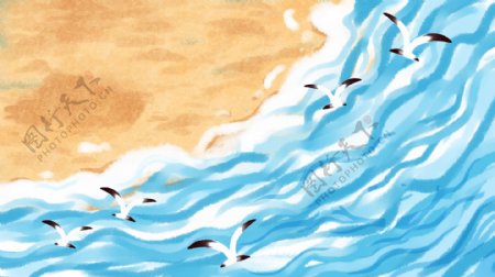 清凉夏日海边海浪海鸥彩绘插画背景