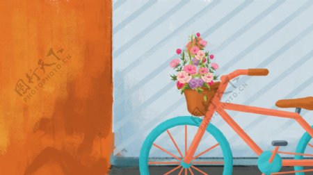 彩绘夏日墙壁自行车插画背景