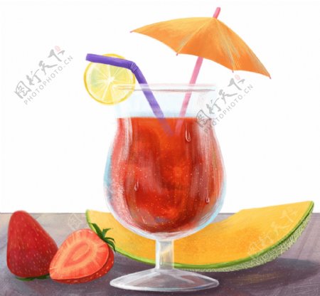 夏季手绘草莓汁饮品插画元素