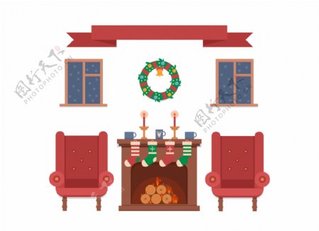 扁平卡通欧式客厅圣诞节装饰png元素