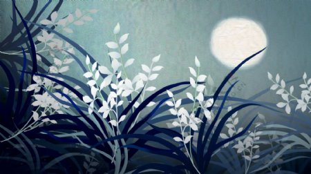 月夜下的白色花草卡通背景
