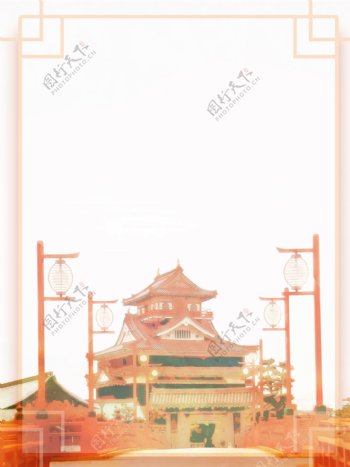 全原创文艺日式古建筑水彩背景