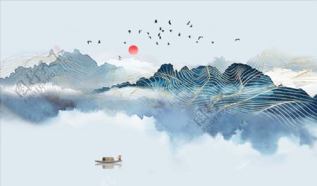 新中式禅意抽象线纹山水背景墙