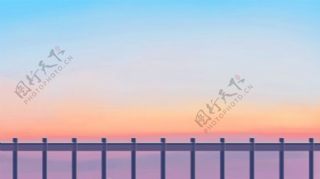 唯美彩绘清晨海边护栏背景设计