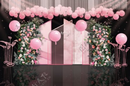 粉红色婚礼花墙背景婚礼效果图