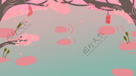 彩绘粉色树下的池塘背景素材