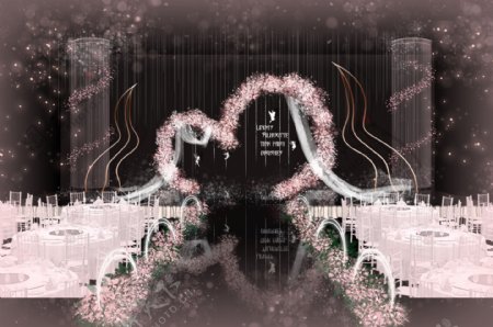 粉色小清新花艺拱门婚礼舞台效果图