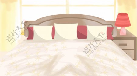 温馨手绘卧室里的一张床背景设计