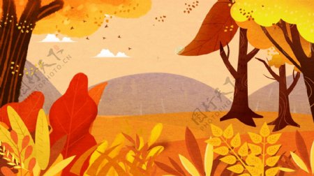 唯美秋季树林远山插画背景设计