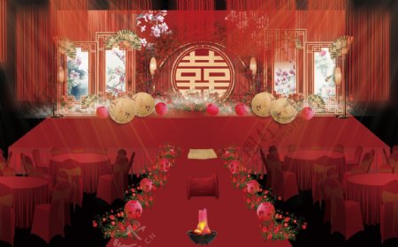 中国风红色中式传统婚礼工装效果图