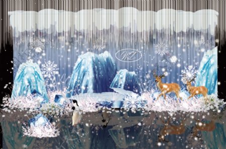 纯净蓝色冰雪风格婚礼迎宾合影区舞台效果图