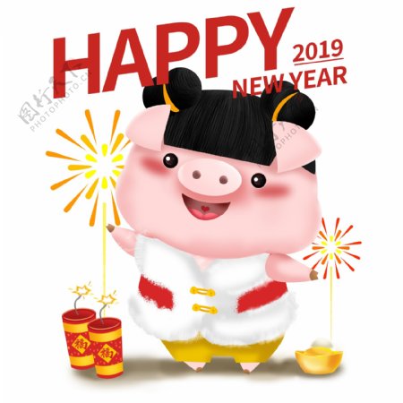 新年可爱猪立体IP卡通形象福娃女孩放鞭炮