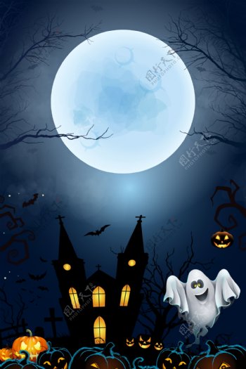 万圣节之夜圆月鬼屋幽灵海报背景素材