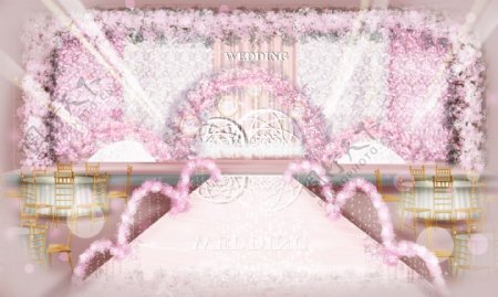 粉色婚礼现场花墙主背景工装效果图