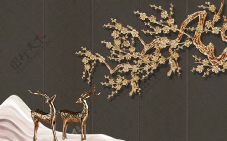 简约立体金色艺术花枝麋鹿背景素材