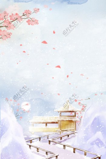 雪人雪屋冬季雪景广告背景图