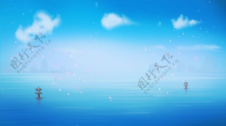 蓝天湖泊卡通背景图
