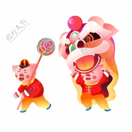 2019春节猪年小猪舞狮原创素材新年喜庆可爱生肖猪