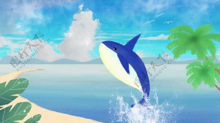 蓝色海洋中跳起的蓝色鲸鱼绿叶卡通背景