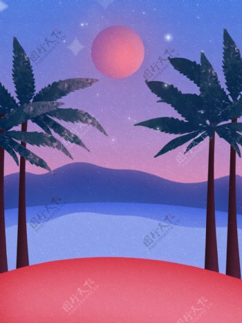 全原创夕阳手绘海滩边椰树林背景