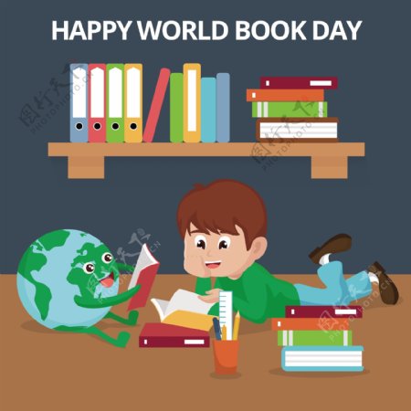 童真小男孩看书世界读书日节日元素