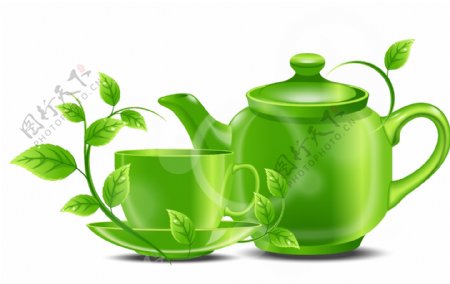 绿色薄荷与茶杯矢量图