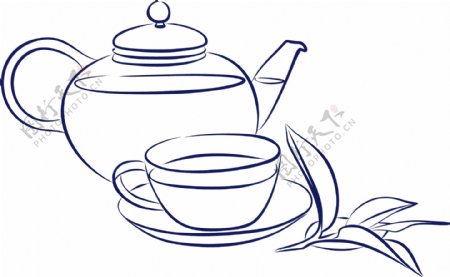 手绘简约茶壶茶杯矢量图
