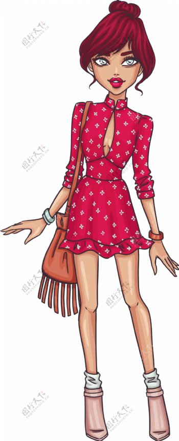 卡通穿着红色圆点短裙的美女矢量元素