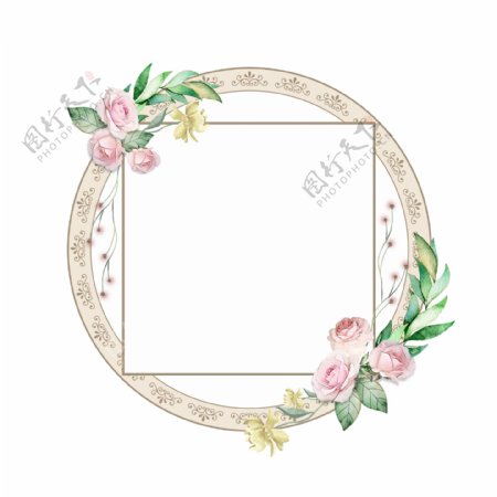 圆形手绘水彩花卉玫瑰植物复古边框