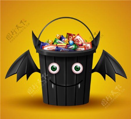 卡通装满糖果的万圣节蝙蝠桶