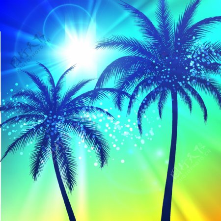 创意太阳下的棕榈树矢量素材