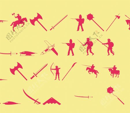 古代骑士和武器剪影