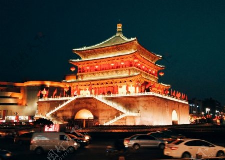 西安古城钟楼夜景滤镜