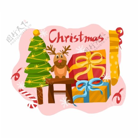 原创手绘可爱风麋鹿圣诞树圣诞节礼物盒