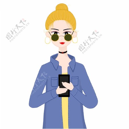 韩国风戴着墨镜玩手机的女生可商用元素