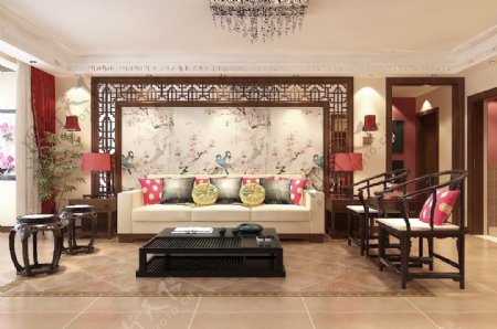 现代中式花格雕花稳重客厅效果图模型
