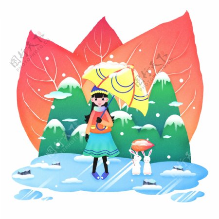 二十四节气小雪之女孩雪天打伞原创商用元素
