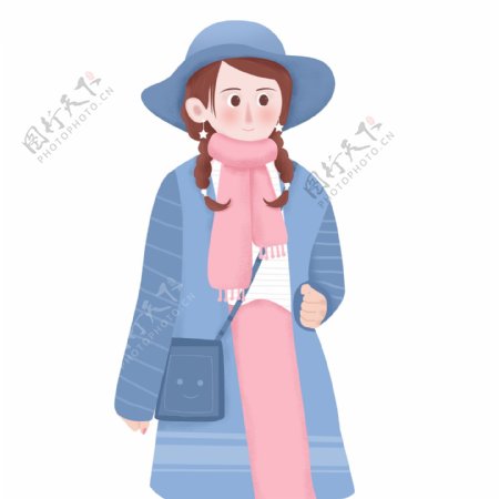 小清新冬季带着蓝色帽子穿着大衣的女孩