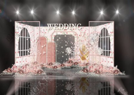 粉色ins风立体舞台窗户网格婚礼效果图