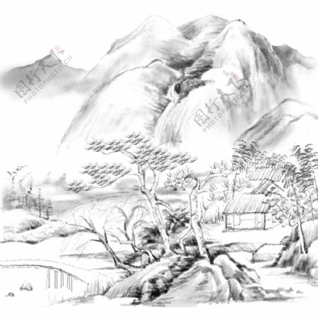 中国风水墨国画古风山水风景树小桥