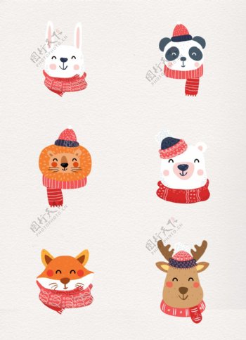 彩绘可爱圣诞节装扮动物头像设计