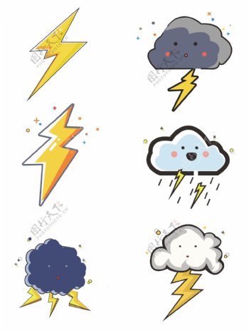 矢量手绘可爱卡通白云闪电可商用元素