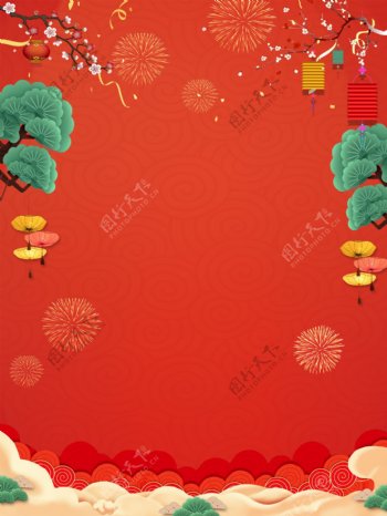 中国风烟花灯笼新年背景设计