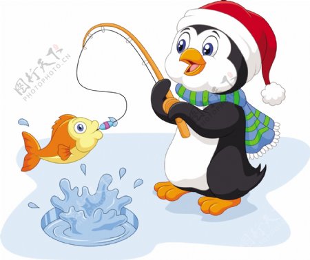 圣诞节企鹅钓鱼漫画