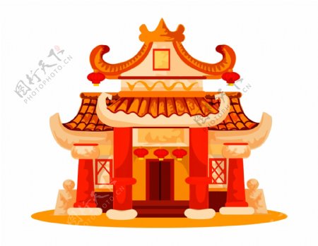 卡通中式财神庙元素
