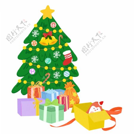 彩绘圣诞树和礼物小清新设计
