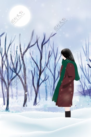 传统冬季节气雪地女孩背景