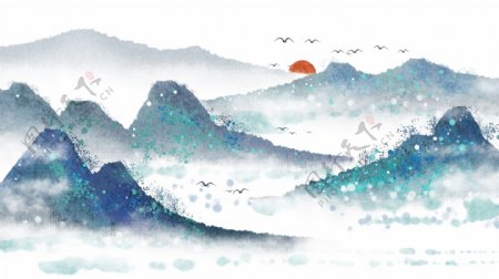 蓝色中国风水墨山水插画